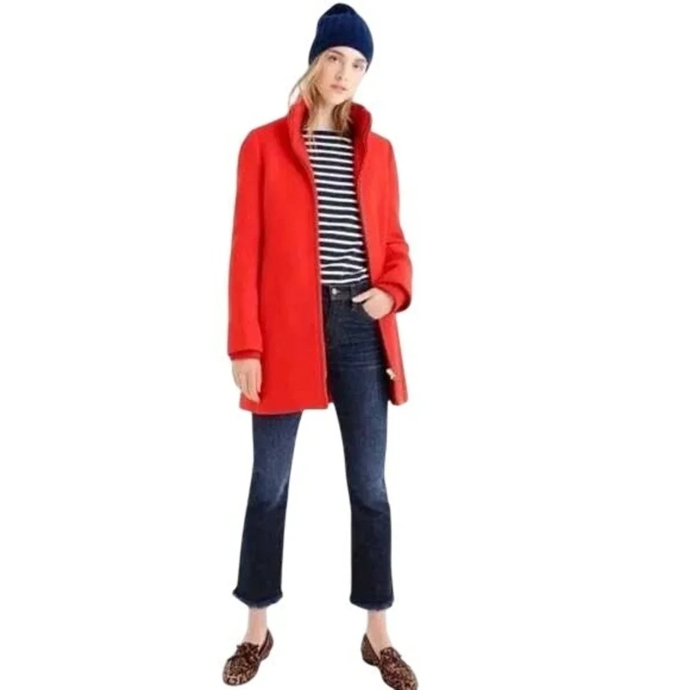 J.CREW Italian Wool Blend Zip Coat Fire Orange Ribbed Collar Heritage Womens 2‎